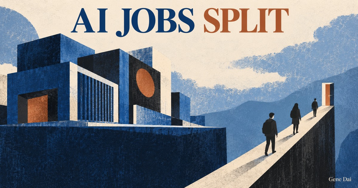 Blue modular buildings stand beside a narrow walkway carrying three people toward a distant doorway, under the words AI JOBS SPLIT.