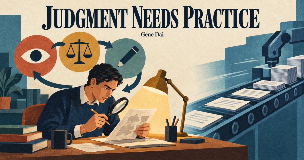 An employee studies a difficult case at a workbench while an AI conveyor delivers finished pages under the headline JUDGMENT NEEDS PRACTICE.