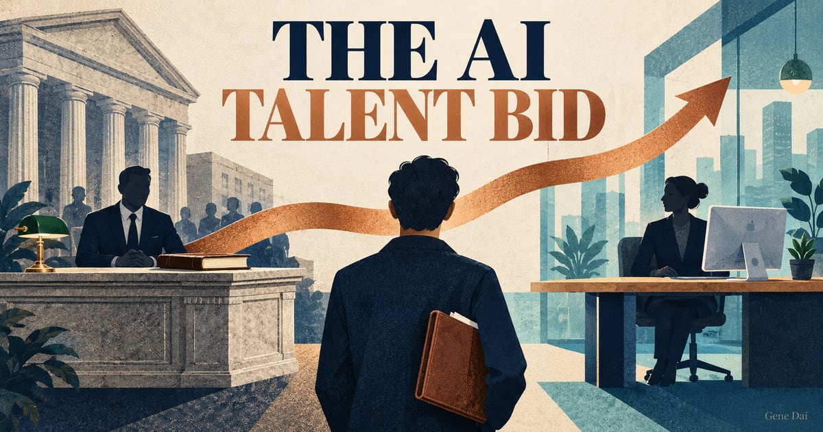 A paper-cut bank counter and technology desk face a shared worker portfolio beneath the words The AI Talent Bid and a small Gene Dai signature.