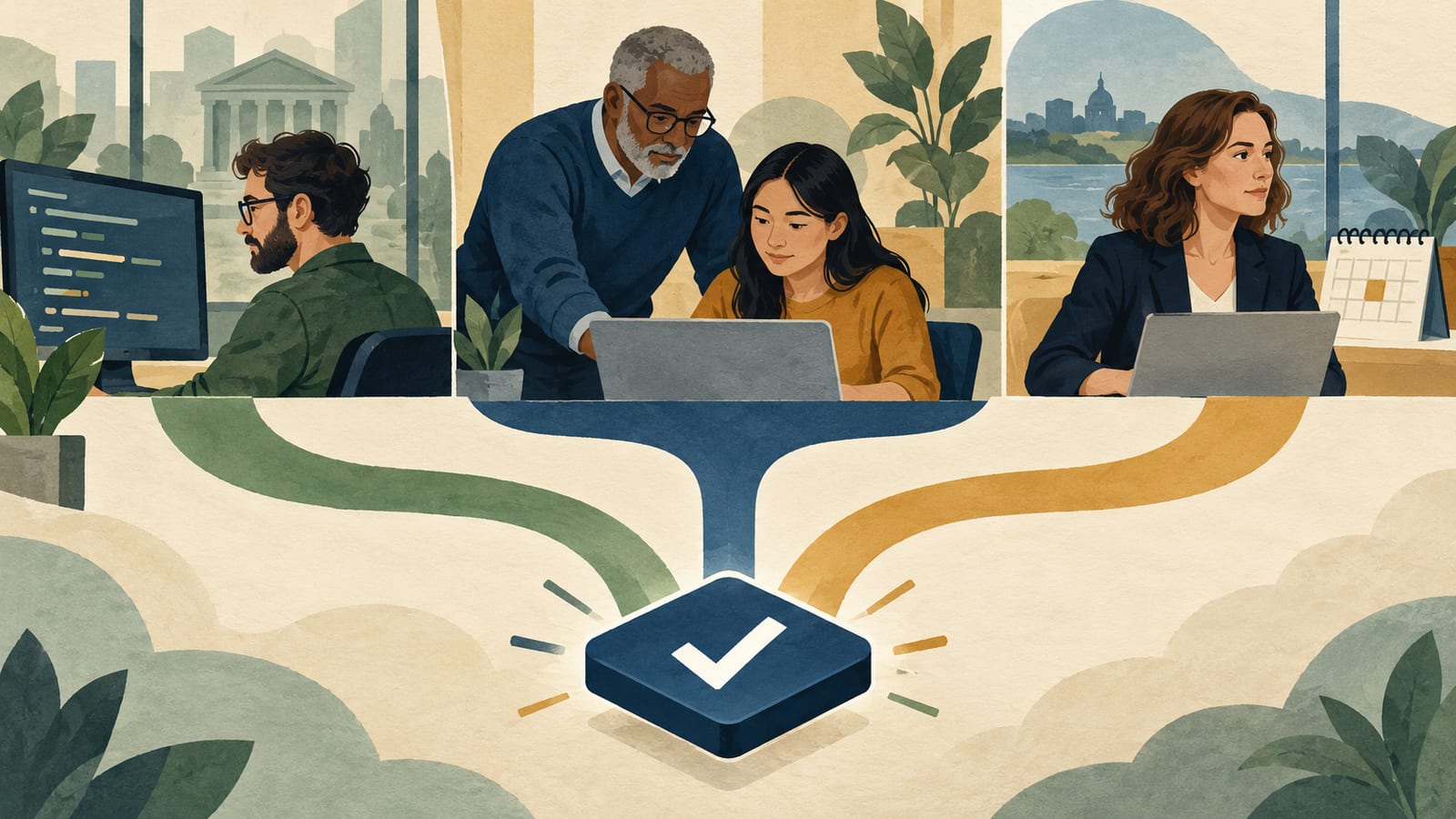 Three adult software workers illustrate permanent hiring, mentored development and a timed specialist assignment feeding into one shared service check.