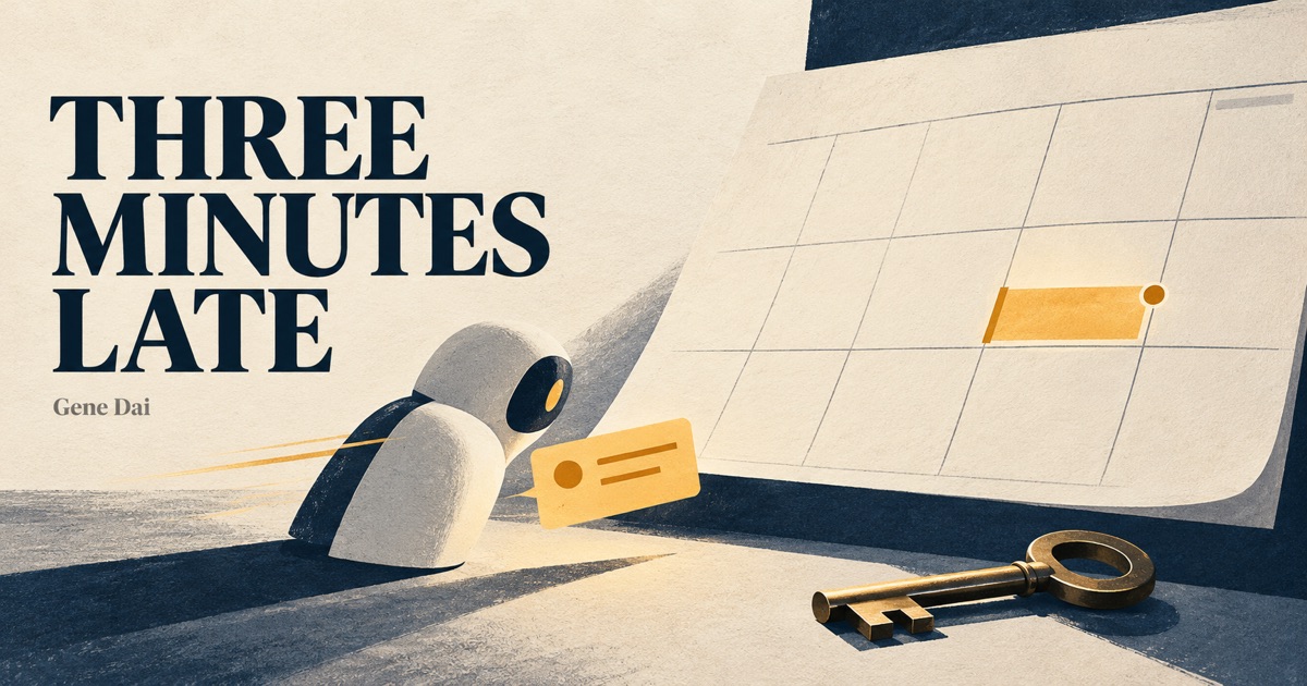 A cream paper calendar, an amber notice, an abstract assistant figure and a brass key beneath the words Three Minutes Late.