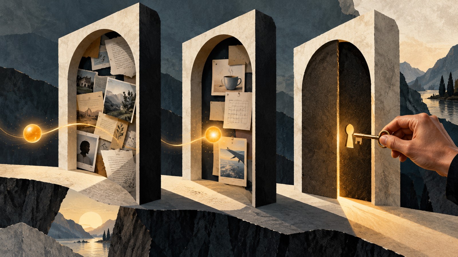 Three paper archways hold documents and a calendar while a hand presents a brass key to the final closed door.