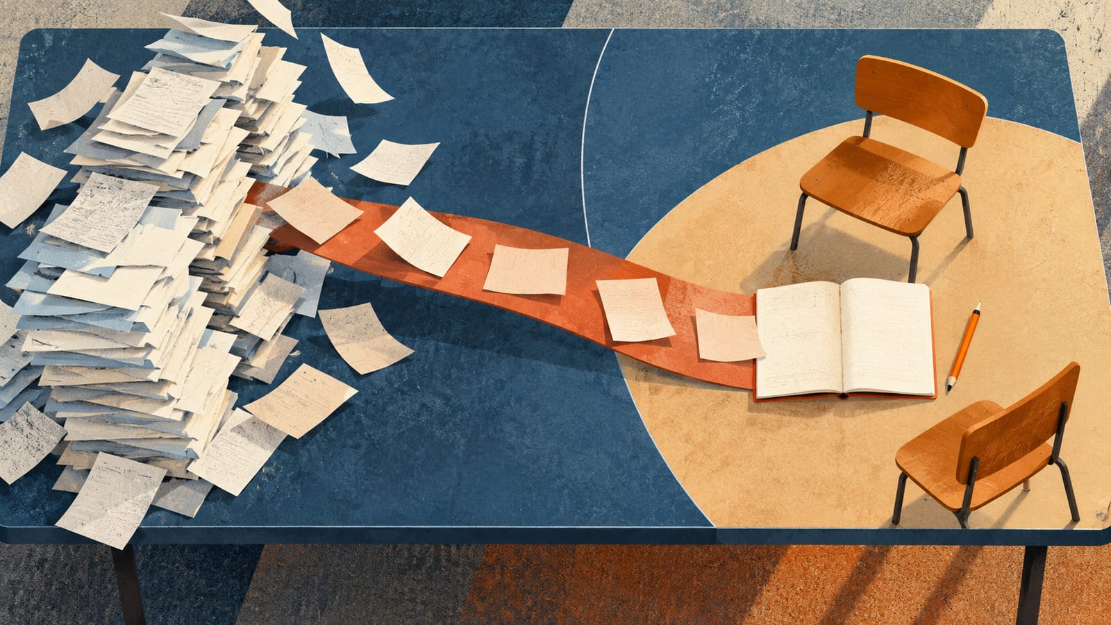 A large stack of generated drafts crosses a terracotta path toward an open training notebook and two empty mentor chairs.