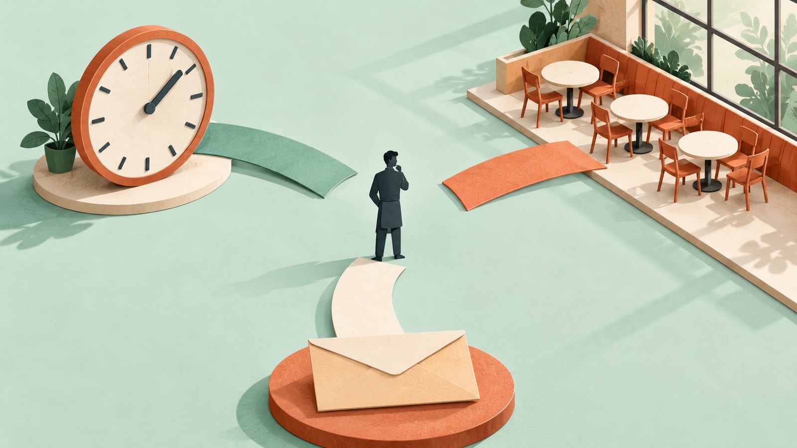 A manager stands between a clock, a café floor and a payroll envelope, with separate paths showing that forecast hours, service and pay must be reconciled.