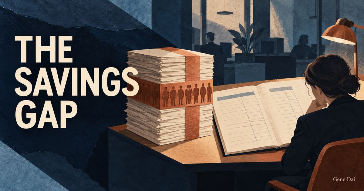 An anonymous bank analyst compares a blank ledger with a stack of work papers beneath the words THE SAVINGS GAP and a small Gene Dai signature.