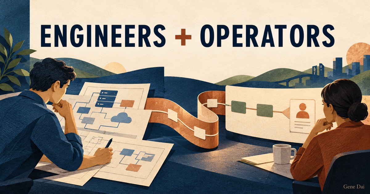 An illustrated engineer studies a workflow on the left while an operator reviews its live path on the right, under the words ENGINEERS + OPERATORS and a small Gene Dai signature.