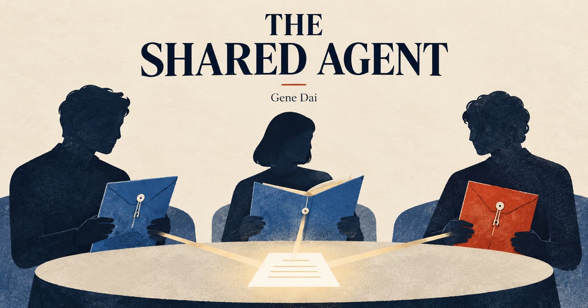 Three anonymous people hold separate folders around a shared plan, beneath the words The Shared Agent.