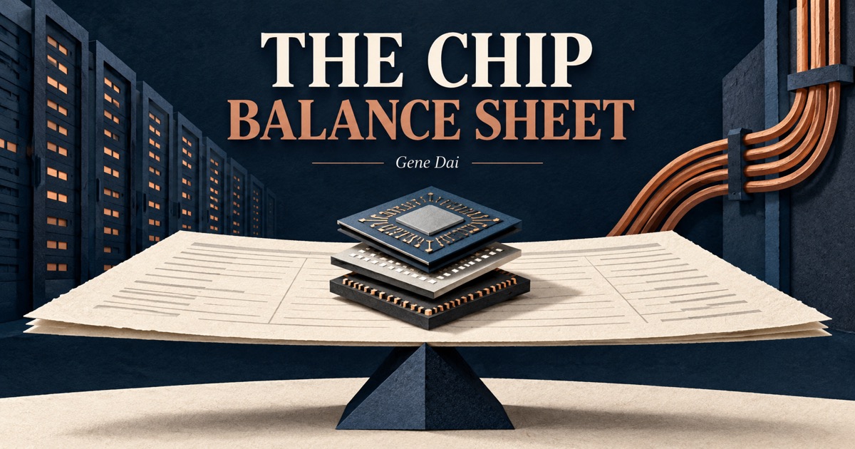 Abstract processor tiles rest on a paper balance sheet between data-center racks and copper power cables, beneath the words The Chip Balance Sheet.