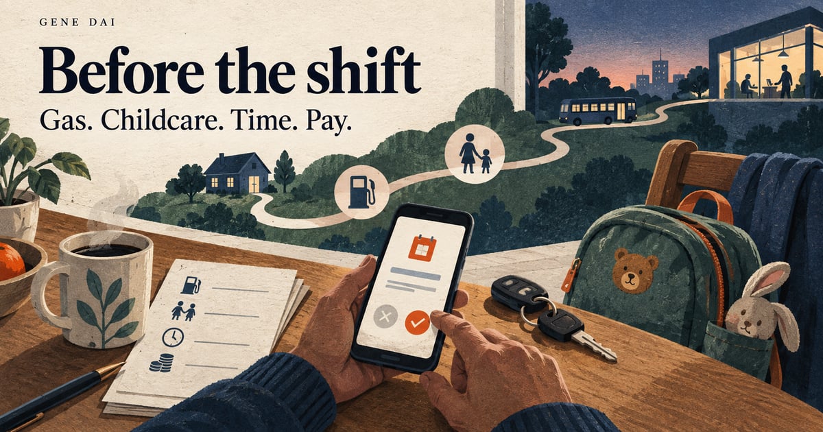 Editorial illustration of a worker weighing a shift offer against transport, childcare, time, and pay.