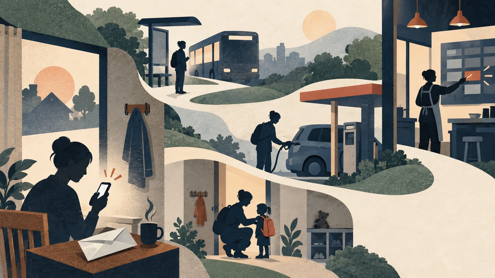 A worker's journey connects a shift notification with a bus stop, fuel costs, childcare, and the workplace schedule.