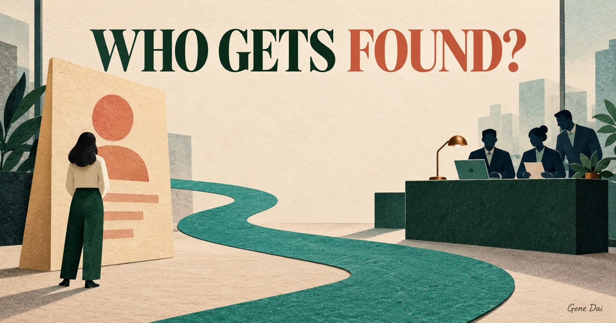 An anonymous job seeker stands beside a profile card while a paper path leads to a recruiting desk, beneath WHO GETS FOUND? and a small Gene Dai signature.