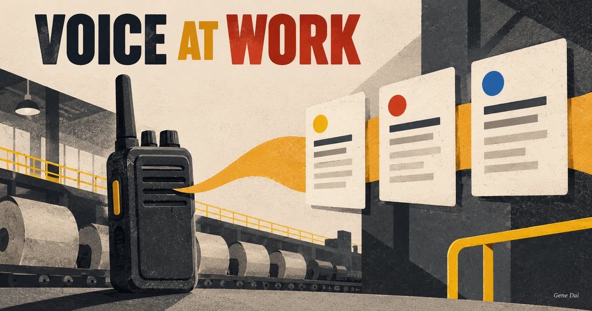 A rugged unbranded factory radio sends an ochre voice signal toward a structured work record beneath the headline VOICE AT WORK.