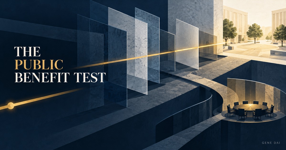An editorial illustration of one narrow voting path crossing a wider public-benefit grid beneath the words The Public Benefit Test.