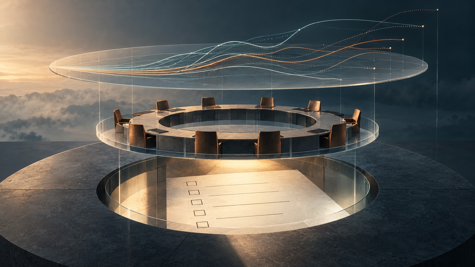 Three layers show conditional forecast paths, a governance table and an unfinished inspection checklist without claiming a real meeting or result.
