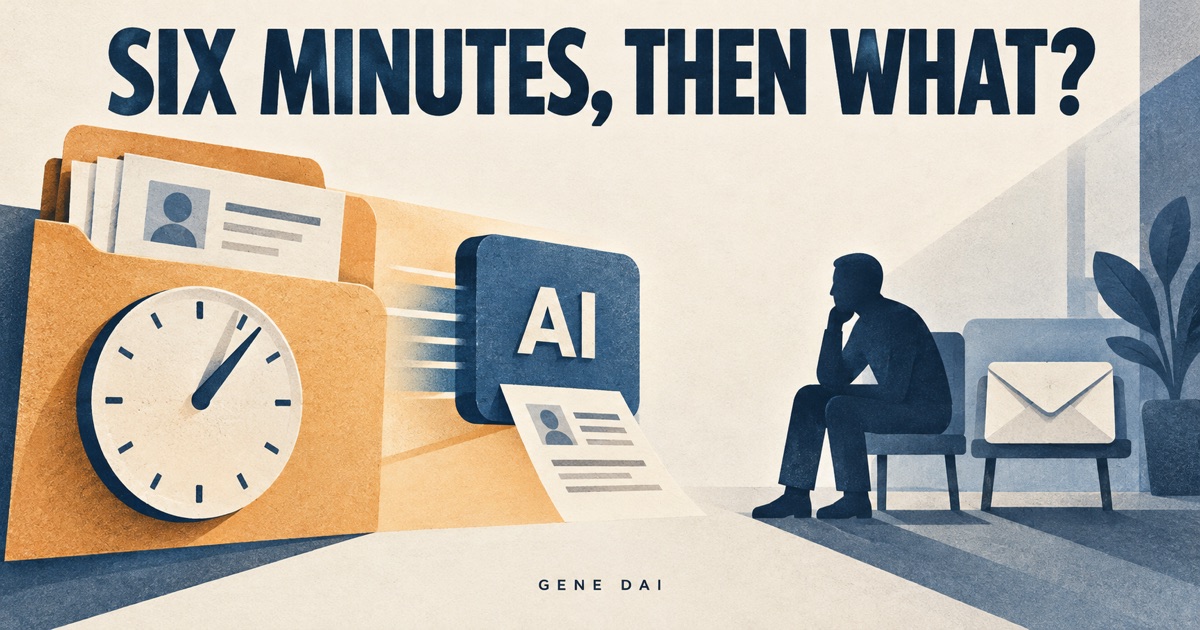 A paper application folder and clock face an anonymous waiting candidate beneath SIX MINUTES, THEN WHAT?