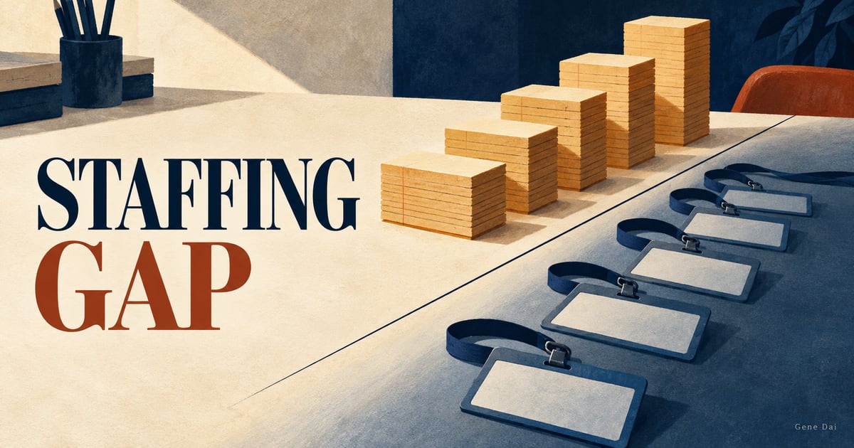 Rising stacks of paper ledgers sit across a dividing line from empty worker badges beneath the words Staffing Gap and a small Gene Dai signature.