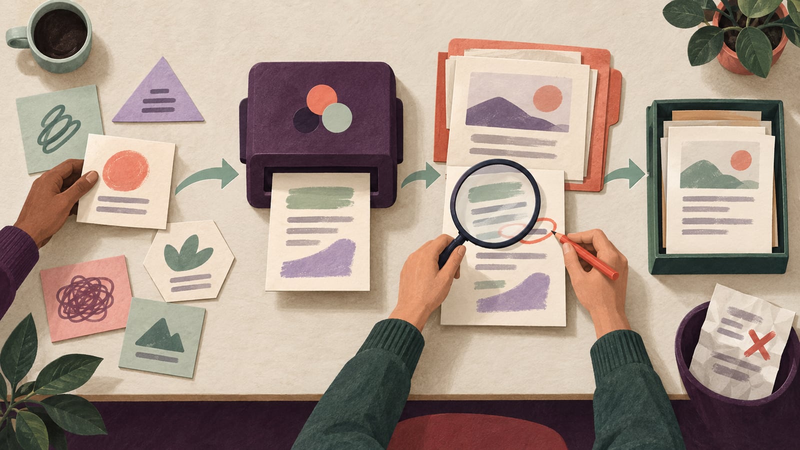 A worker selects a task, an abstract AI workbench produces a draft, and a reviewer checks and corrects it before placing the result in a shared team tray.
