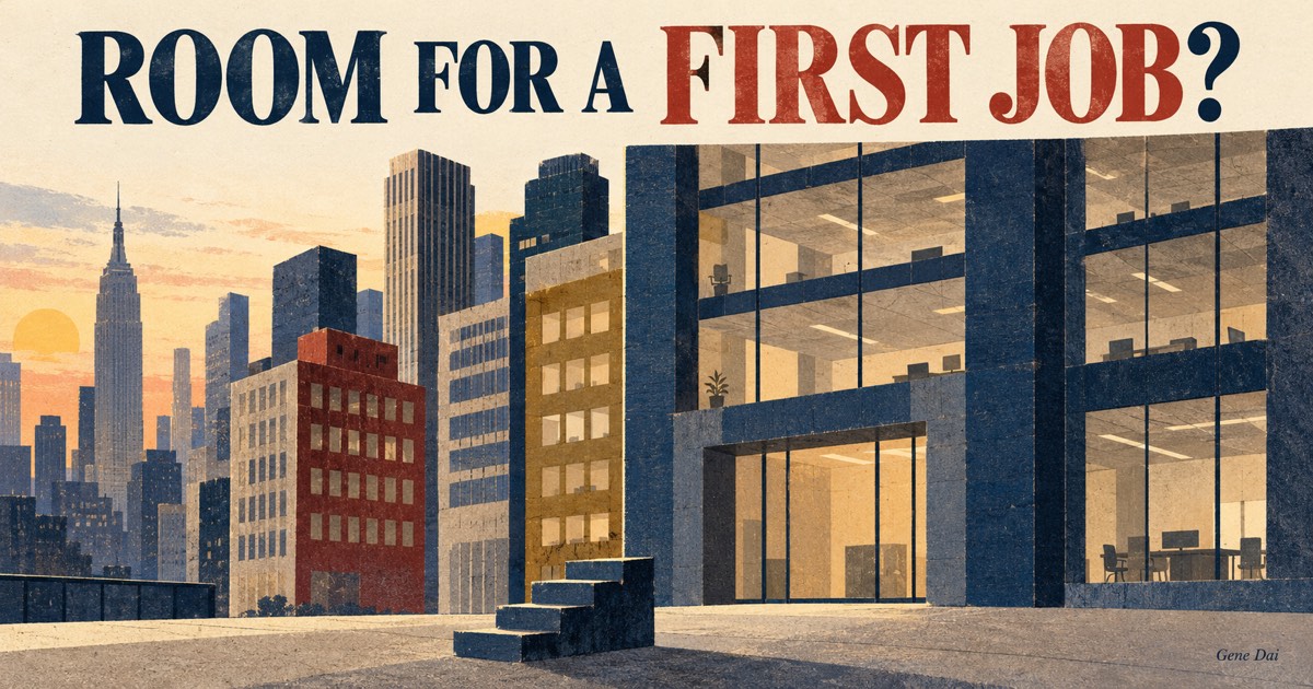 An illustrated New York office district has open windows above a short disconnected first step, beneath the words ROOM FOR A FIRST JOB? and a small Gene Dai signature.