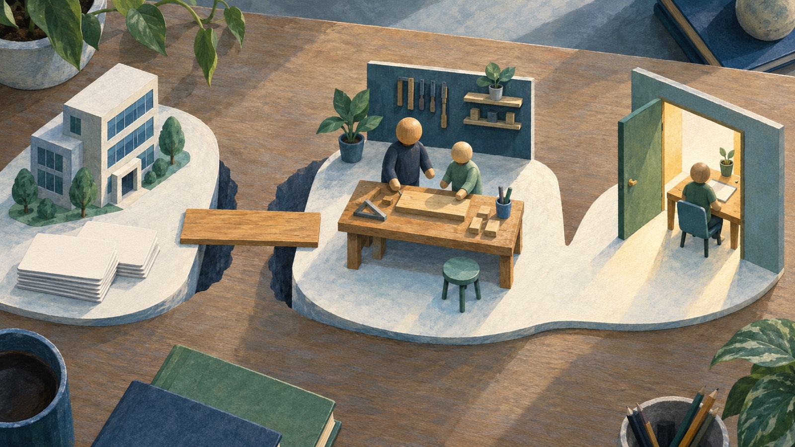 An overhead painted worktable links a small office and project cards to a supervised paid workbench, then to one first-job desk.