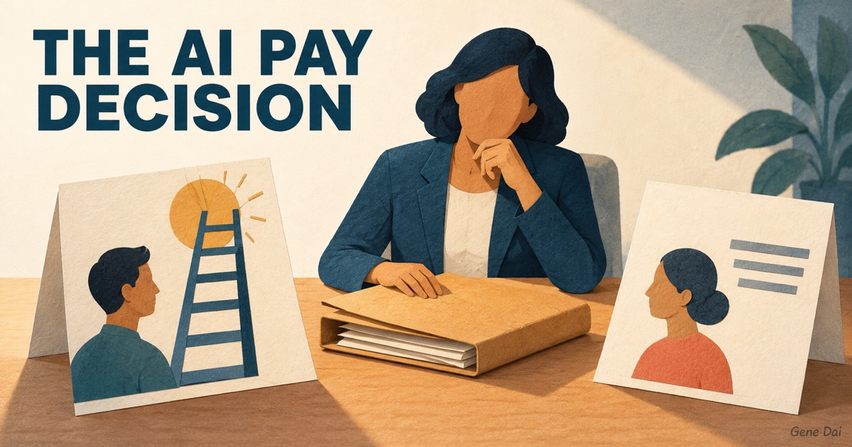 An anonymous compensation planner weighs an AI skills ladder against an ordinary employee review beside a finite budget folder, under the words THE AI PAY DECISION and a small Gene Dai signature.
