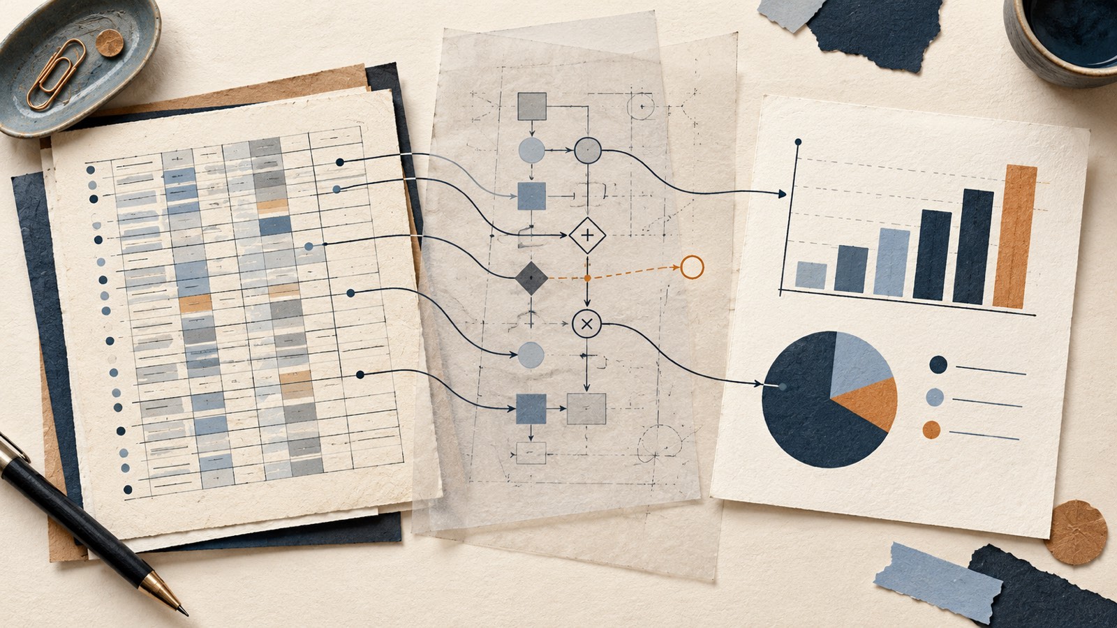 An editorial illustration of layered data, computation, narrative, and presentation cards connected by a traceable path, with one unresolved link highlighted.