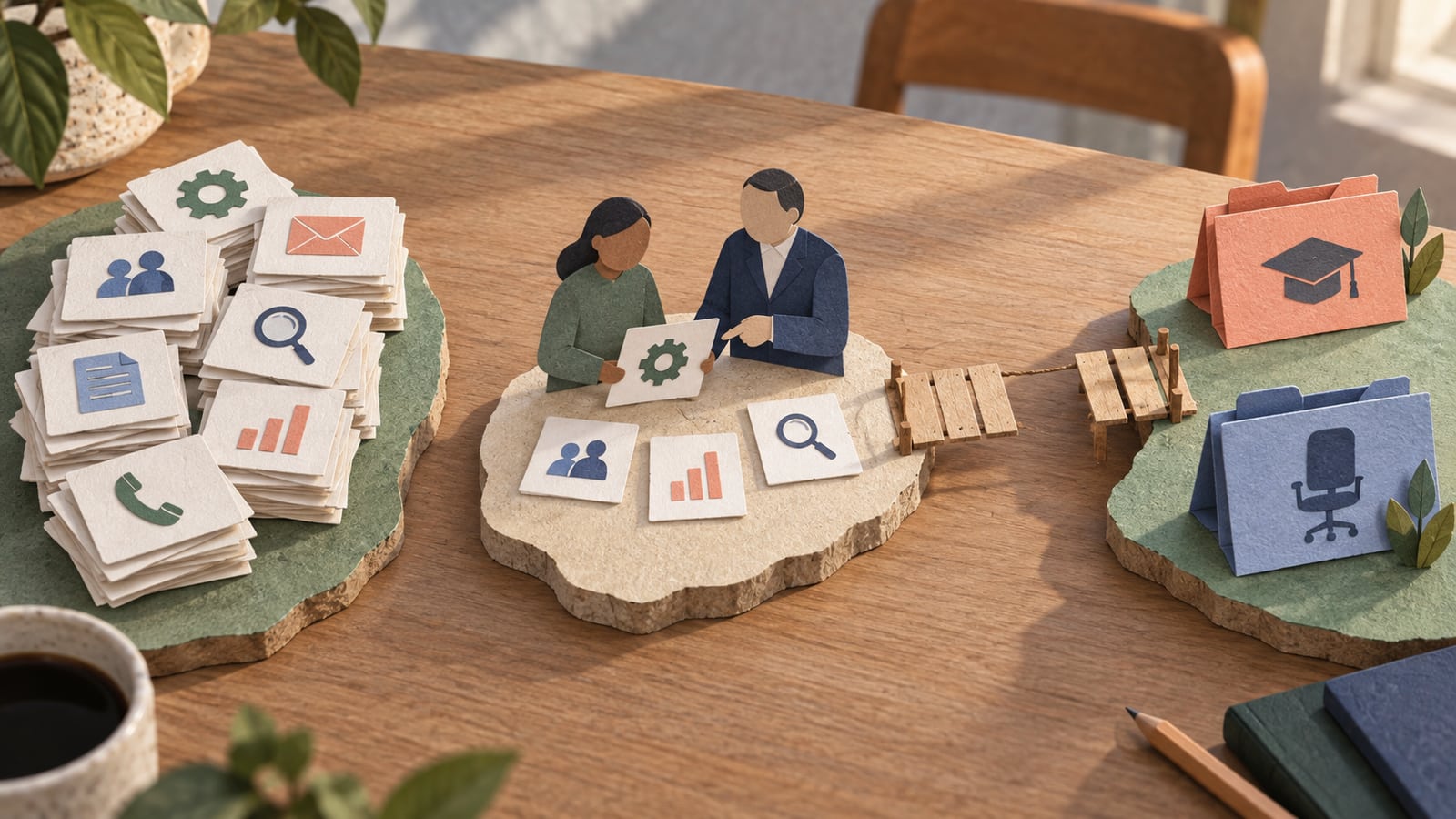 On a worktable, a worker and manager examine oversized task cards on one paper island; an incomplete bridge leads to separate training and open-role folders.