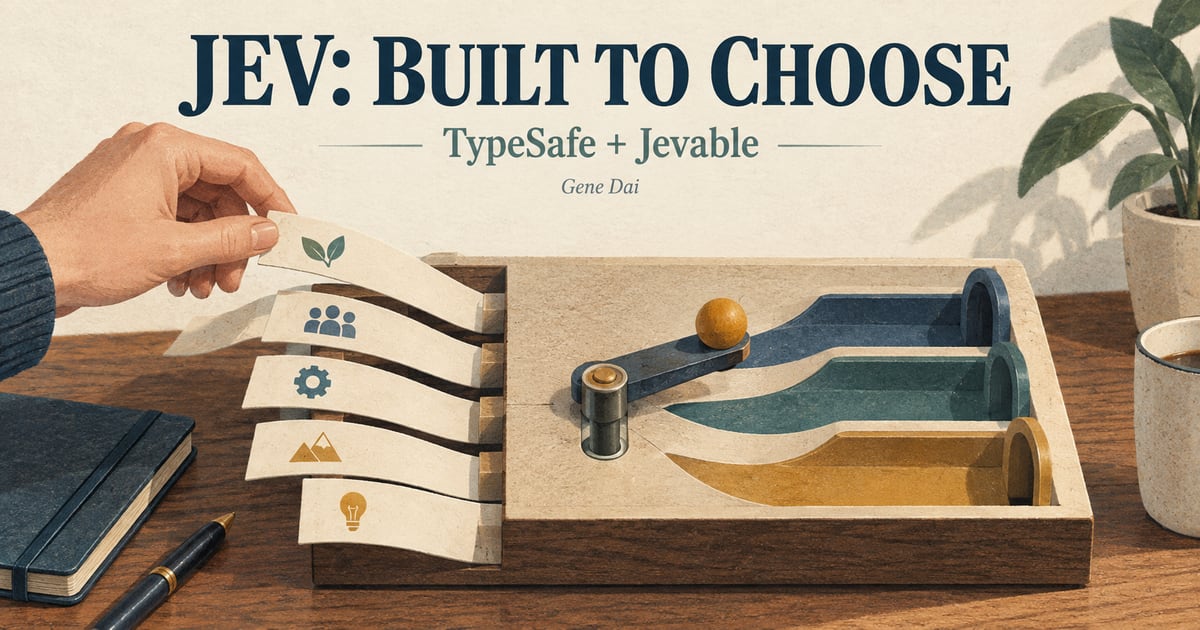 A hand arranges paper inputs beside a wooden decision selector beneath the headline JEV: BUILT TO CHOOSE.