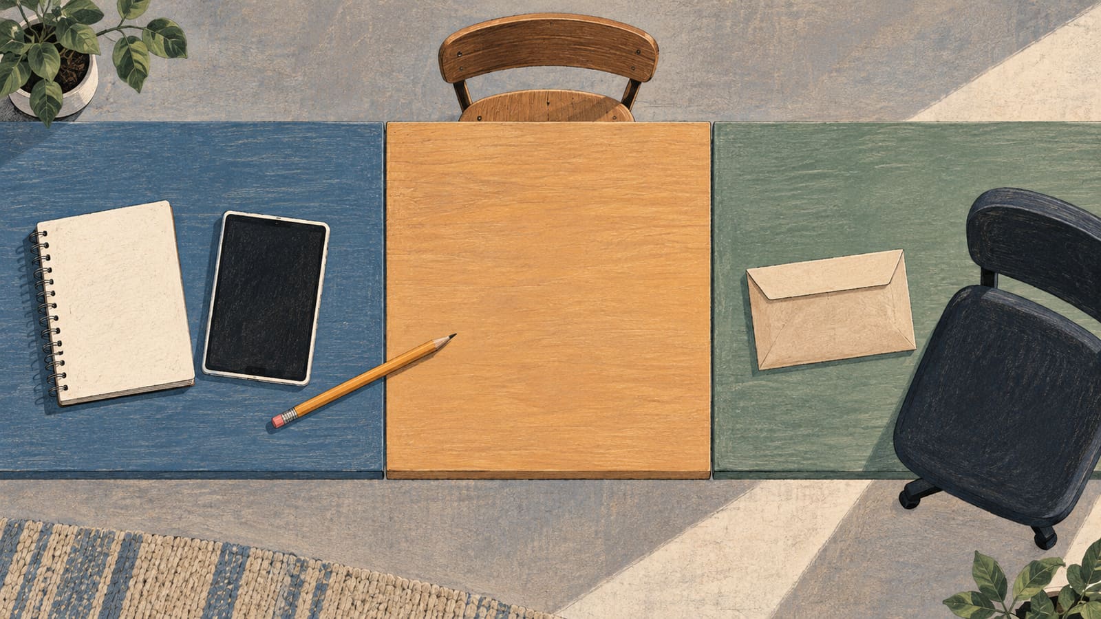 A blank learning notebook and tablet lead to an empty mentor table; a sealed envelope and unoccupied work chair remain on a separate surface.