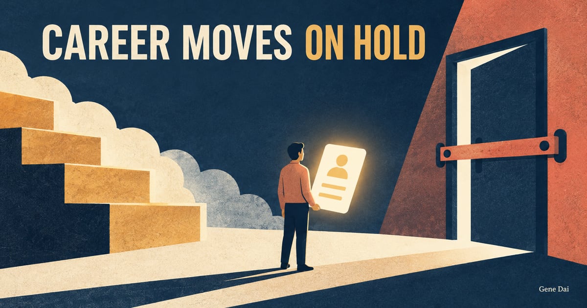 A worker holds an abstract career card between broad steps and a barred job door beneath CAREER MOVES ON HOLD.