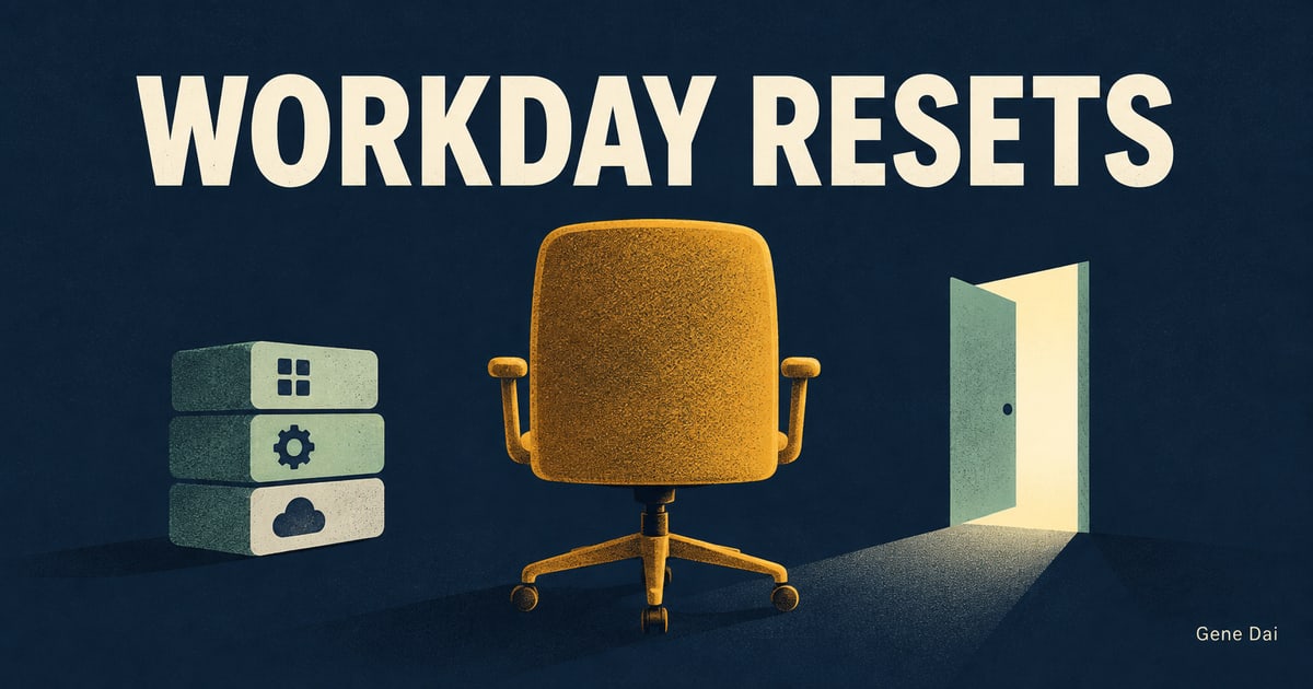 An empty ochre office chair sits between abstract software blocks and an open door beneath the words WORKDAY RESETS.